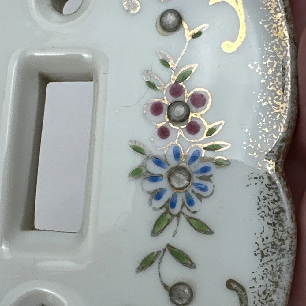 Vintage Lefton's Floral Rhinestones Porcelain Light Switch Plate Cover Pink 2685